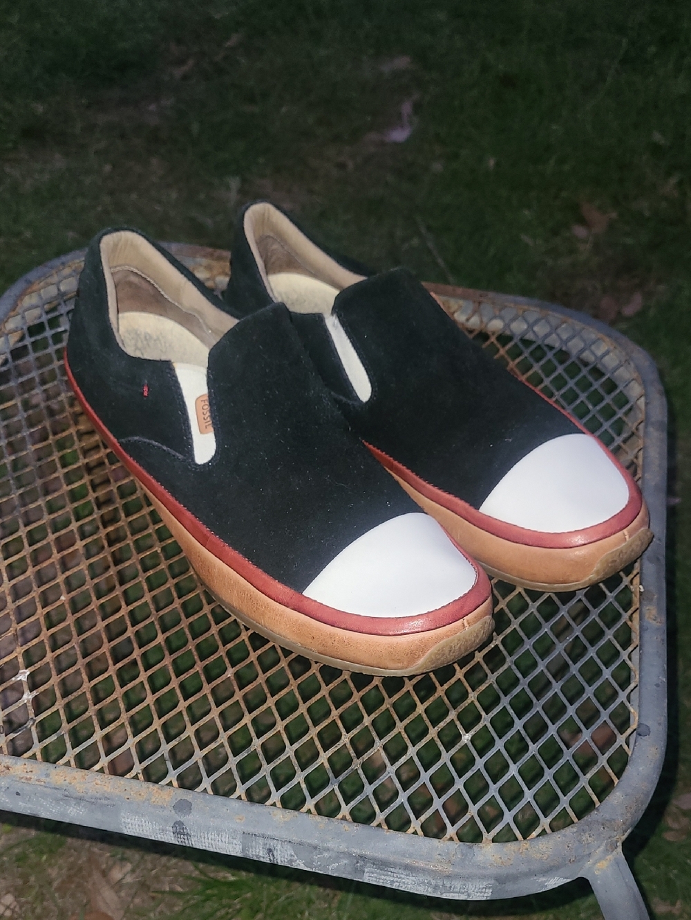Fossil Black Suede Slip-On Loafers with White Toe Cap and Red Trim